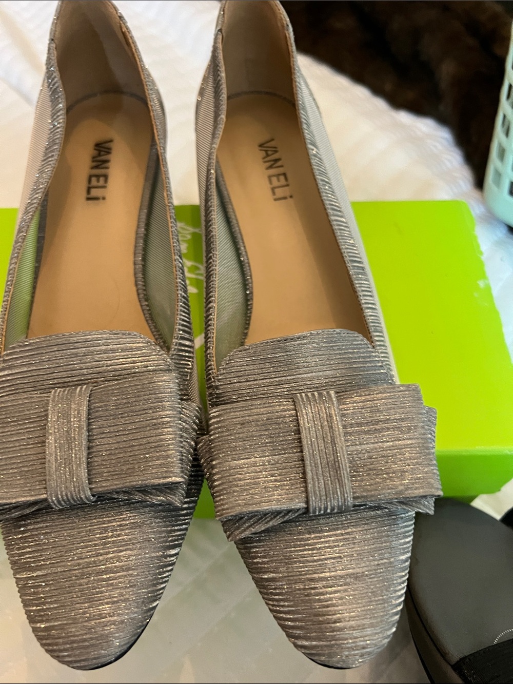 Vaneli Metallic Silver Pointed Bow Loafers